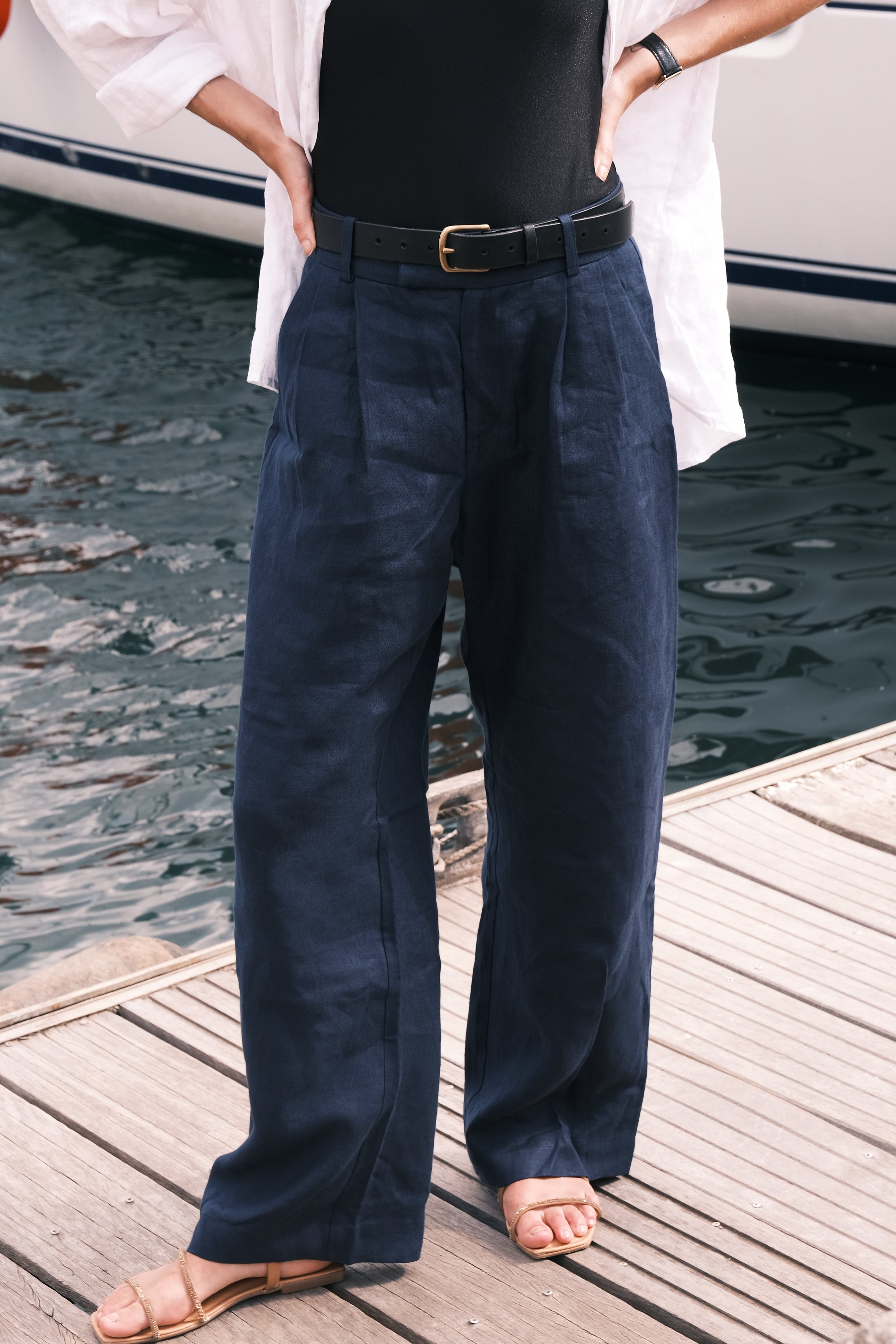 Tailored Trousers — 100% Belgian Linen, Navy
