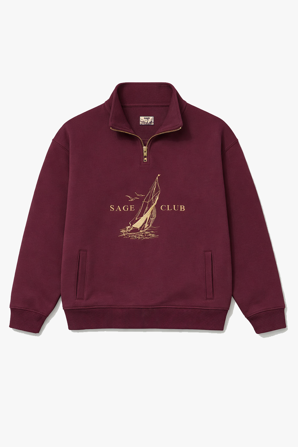 Nautical Embroidered Zip Sweatshirt — Burgundy