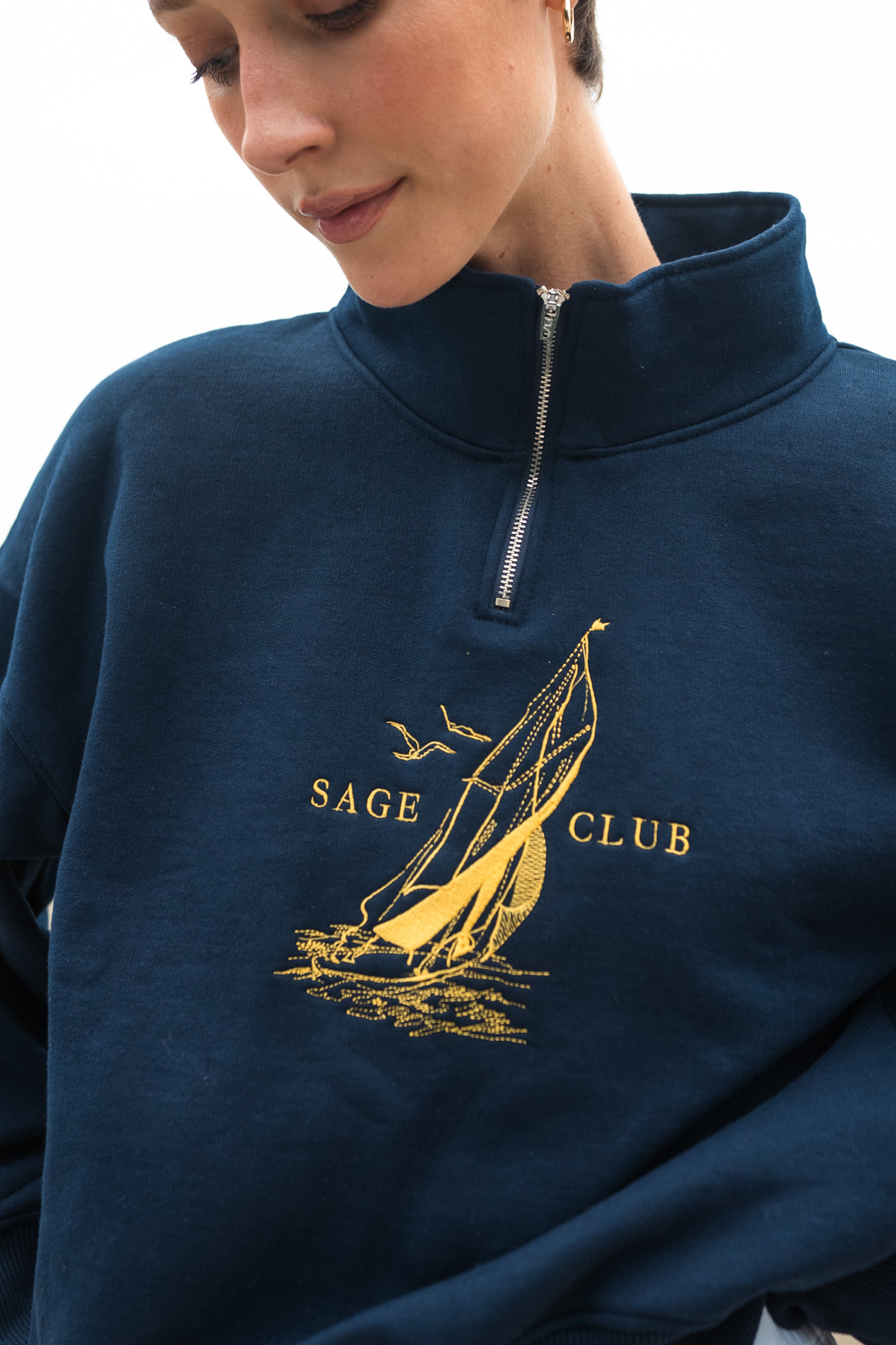 Nautical Embroidered Zip Sweatshirt — Navy