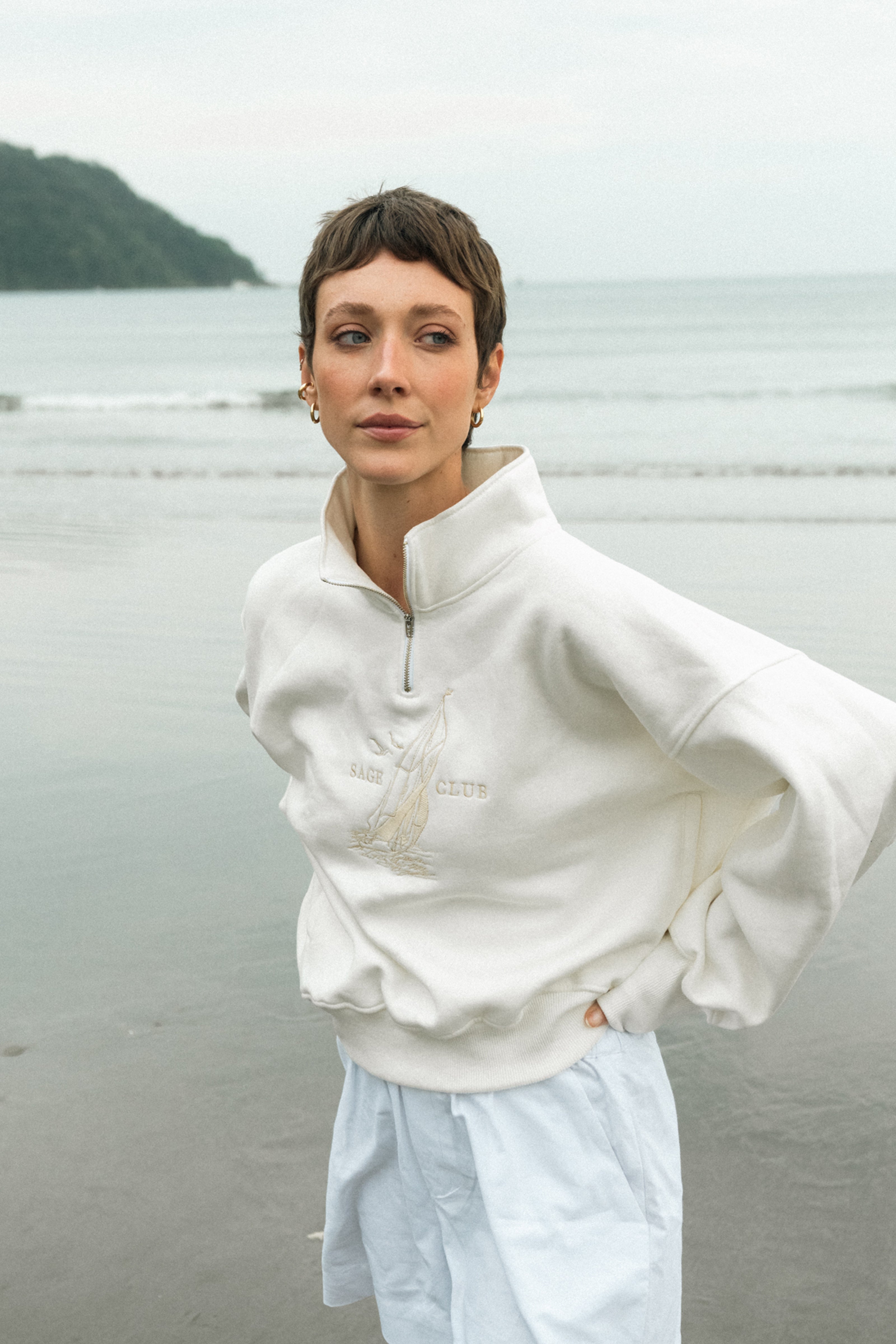 Nautical Embroidered Zip Sweatshirt — Off-White