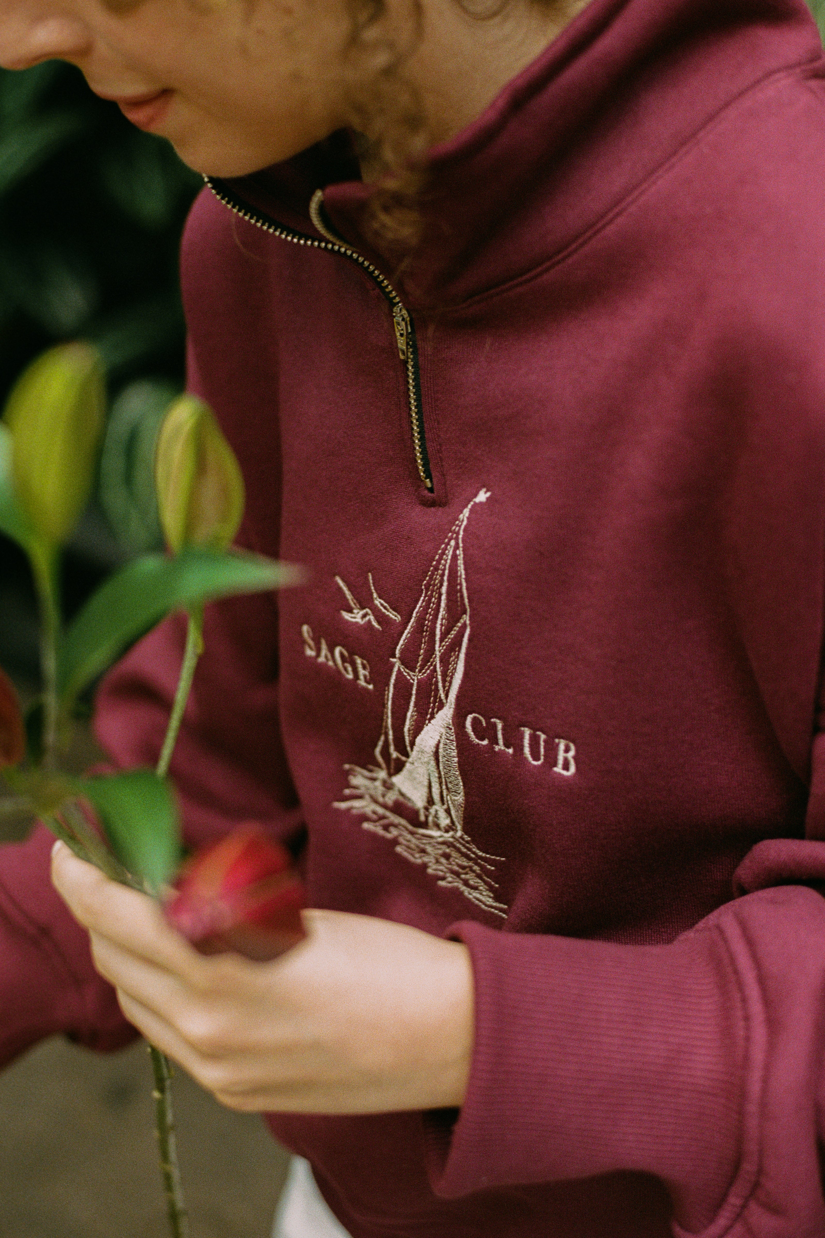 Nautical Embroidered Zip Sweatshirt — Burgundy