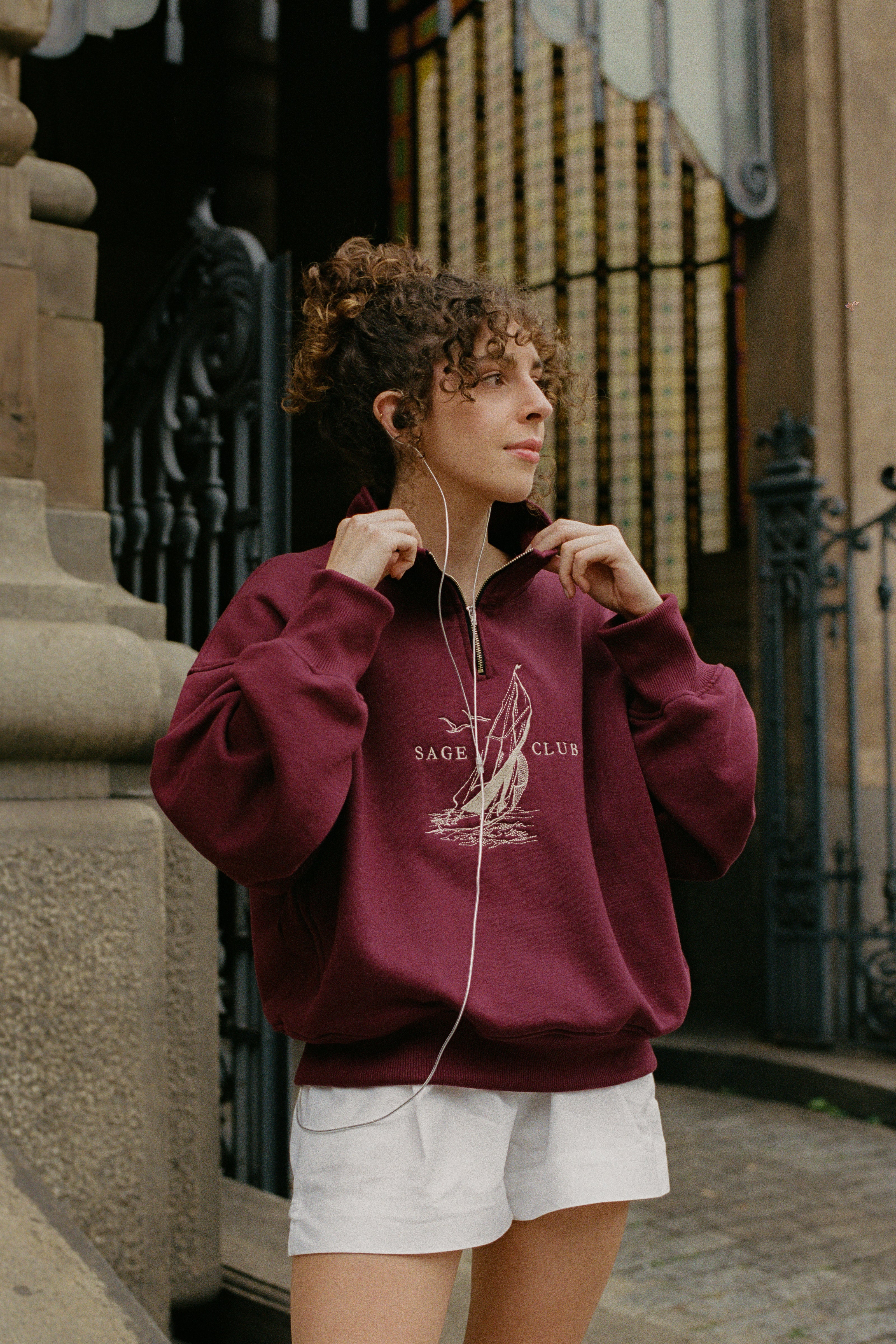 Nautical Embroidered Zip Sweatshirt — Burgundy