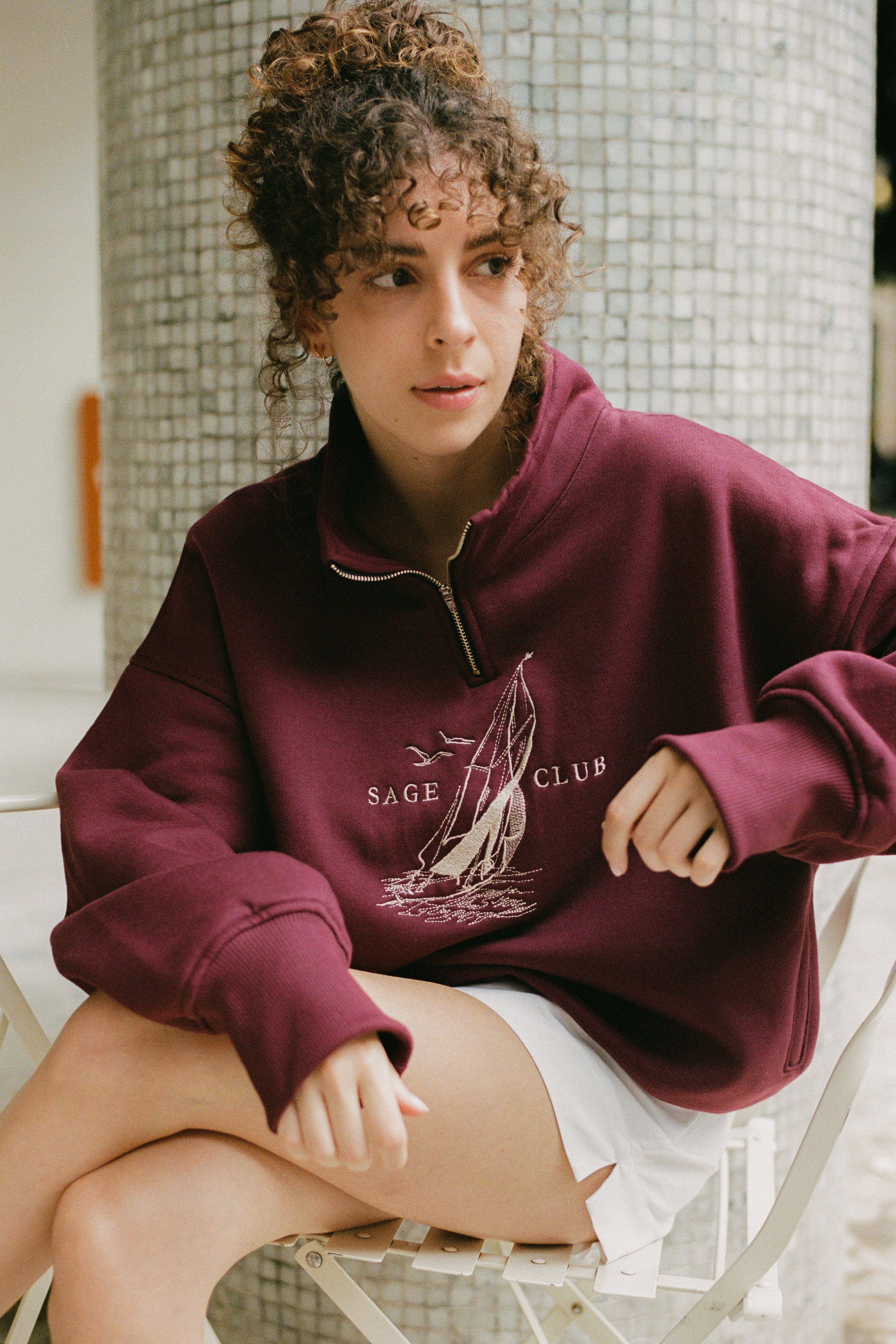 Nautical Embroidered Zip Sweatshirt — Burgundy
