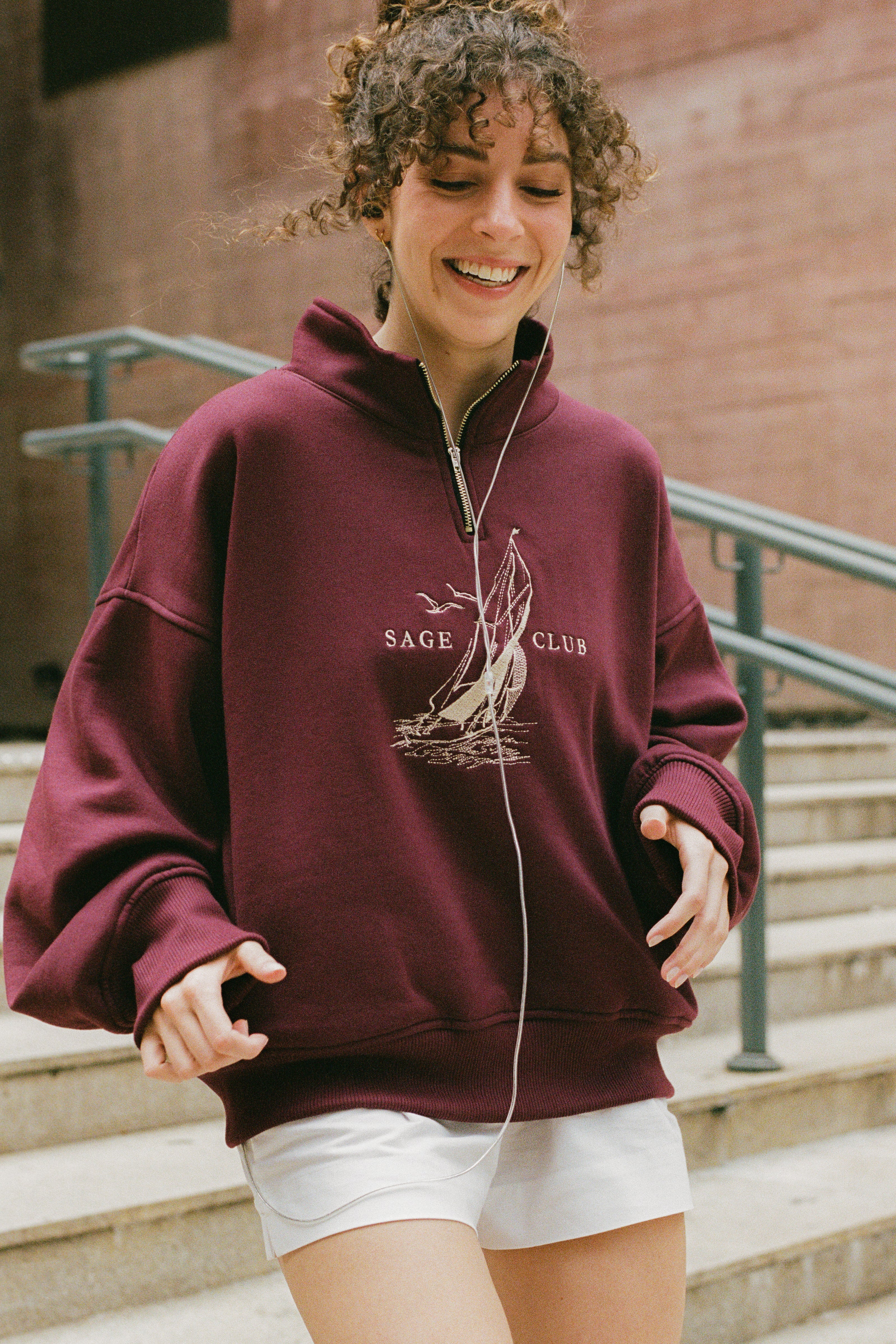 Nautical Embroidered Zip Sweatshirt — Burgundy