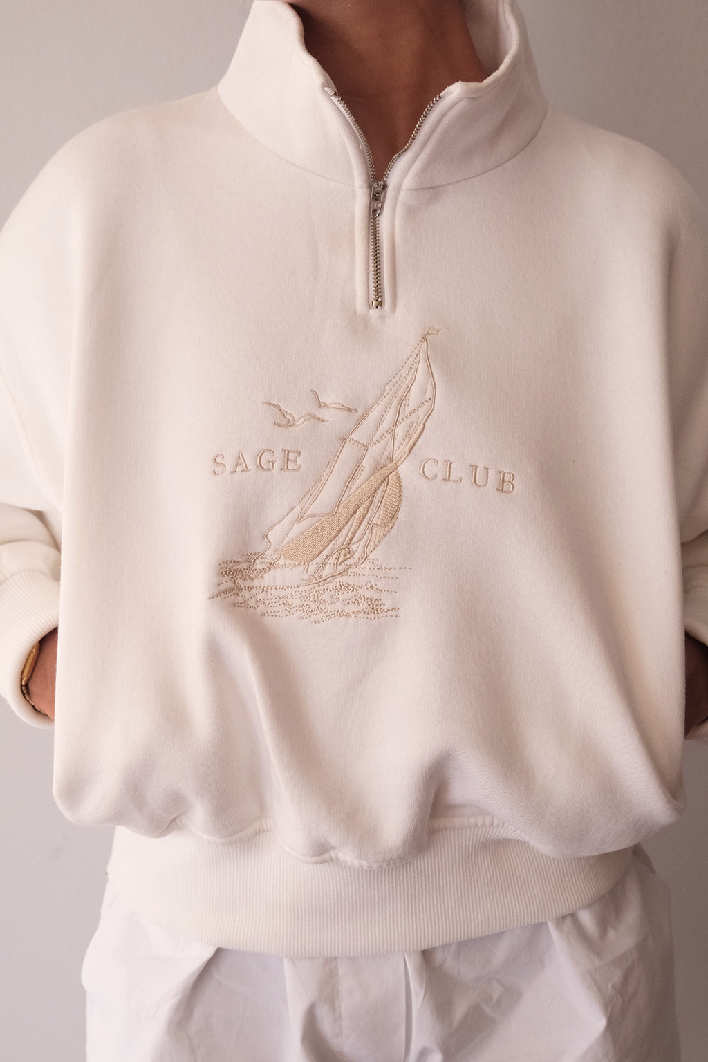 Nautical Embroidered Zip Sweatshirt — Off-White