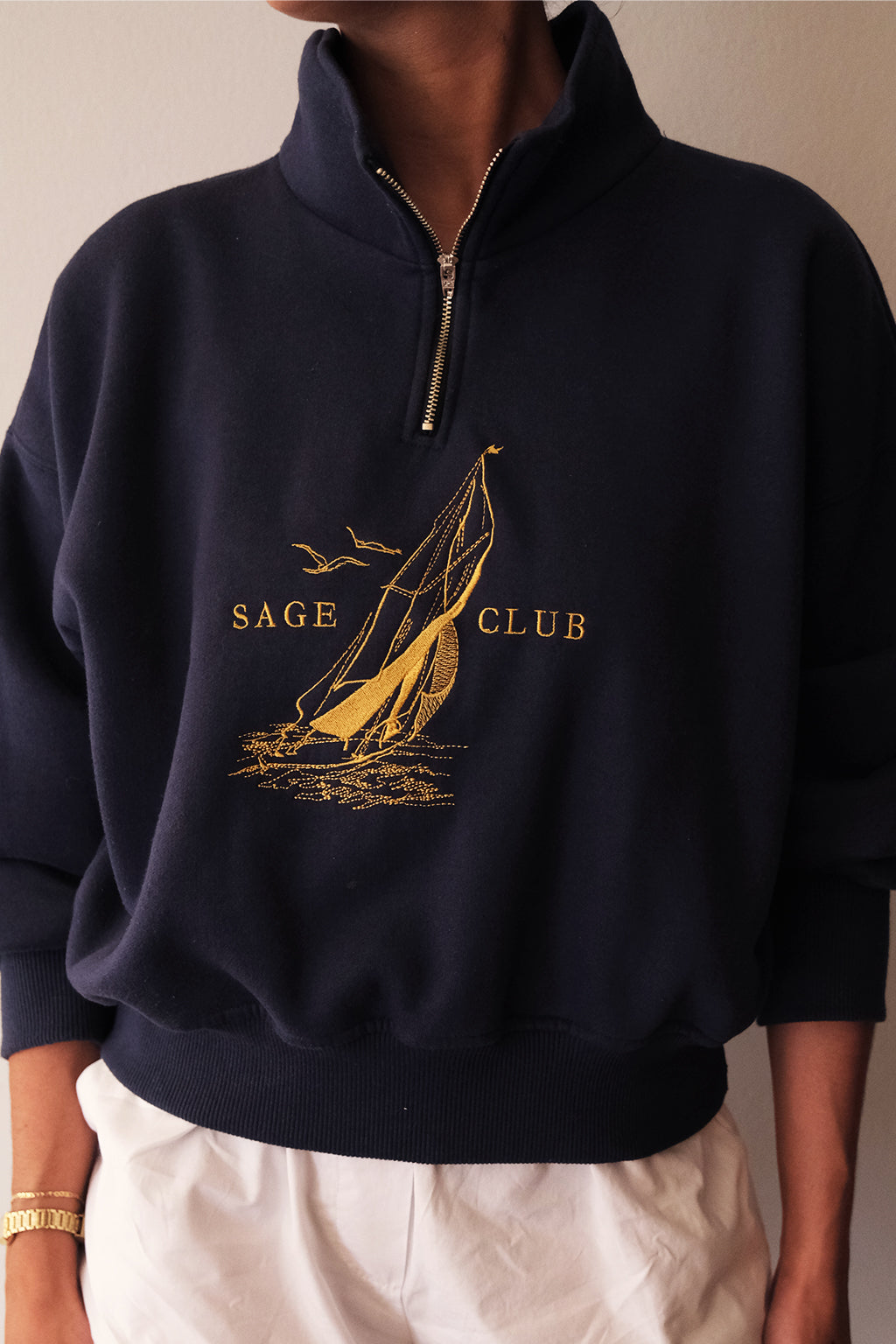 Nautical Embroidered Zip Sweatshirt — Navy